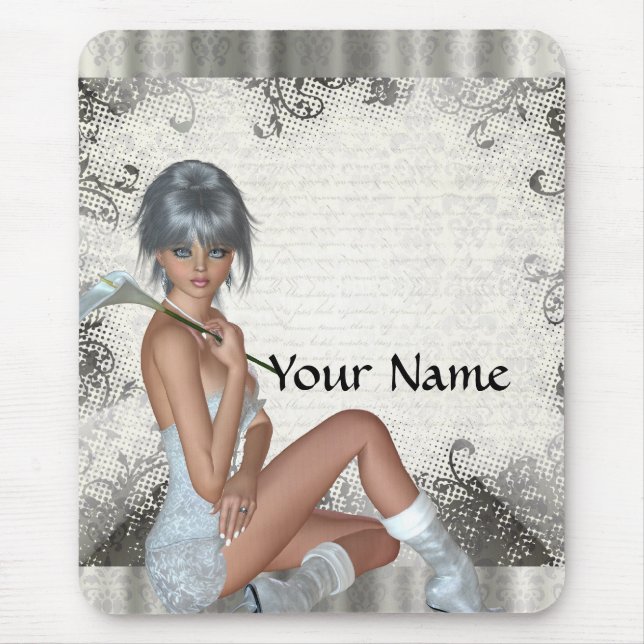 Pretty girl  and silver damask mouse mat (Front)