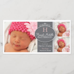 Pretty Girl Baby 3 Photo Monogram Announcement