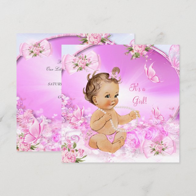Pretty Girl Baby Shower Pink Butterfly Brunette LT Invitation (Front/Back)