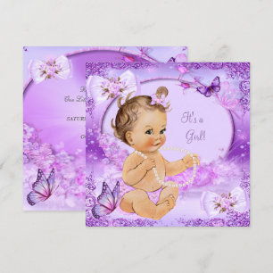 Pretty Girl Baby Shower Purple Butterfly Brunette Invitation