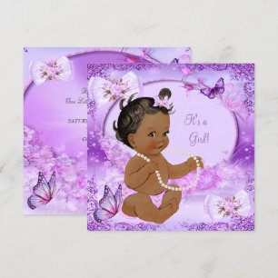 Pretty Girl Baby Shower Purple Butterfly Ethnic Invitation