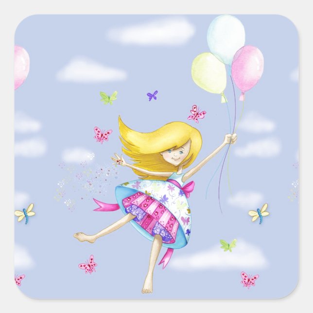 Pretty Girl Balloon Fairy Flight of Fancy Gifts Square Sticker (Front)