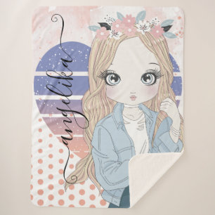 Pretty Girl Blush Flowers Heart and Polka Dots Sherpa Blanket