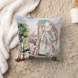 Pretty Girl Boss on Scooter Personalised Name Cushion