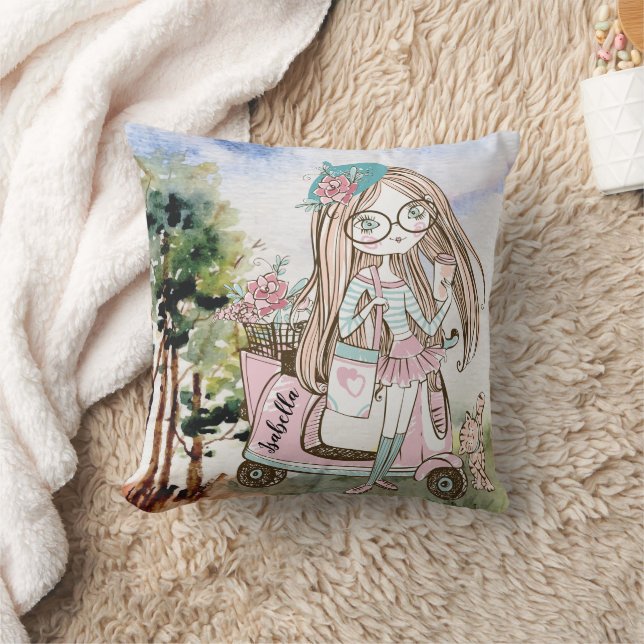Pretty Girl Boss on Scooter Personalised Name Cushion (Blanket)