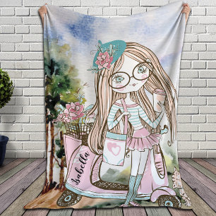 Pretty Girl Doodle Scooter Personalised Name Sherpa Blanket
