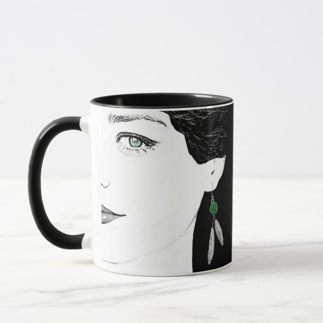 Pretty girl face fashion illustration floral cool mug (Left)