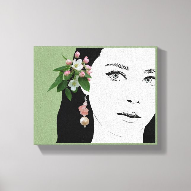 Pretty girl face fashion illustration floral cute canvas print (Front)