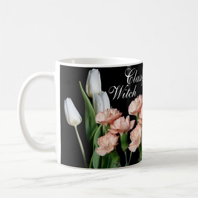 Pretty girl face fashion illustration floral trend coffee mug (Left)