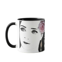 Pretty girl face fashion illustration pink rose 