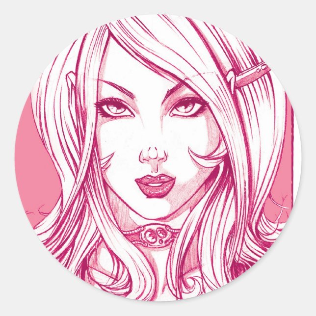 Pretty Girl Face - Pink Classic Round Sticker (Front)