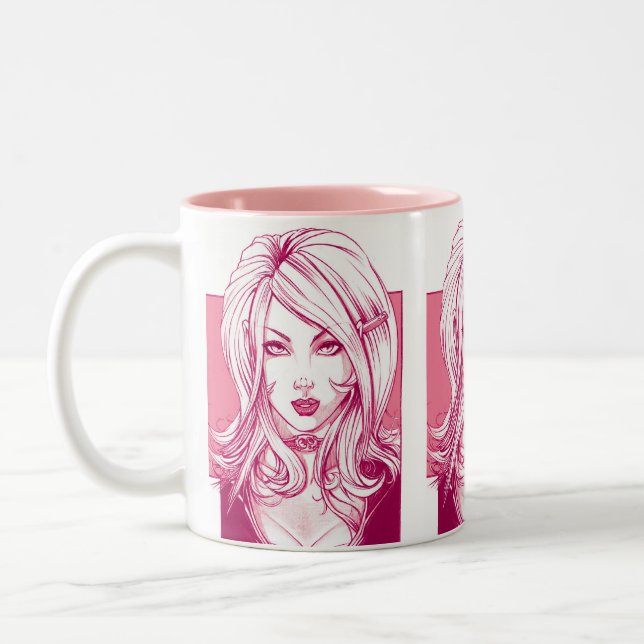 Pretty Girl Face - Pink Two-Tone Coffee Mug (Left)