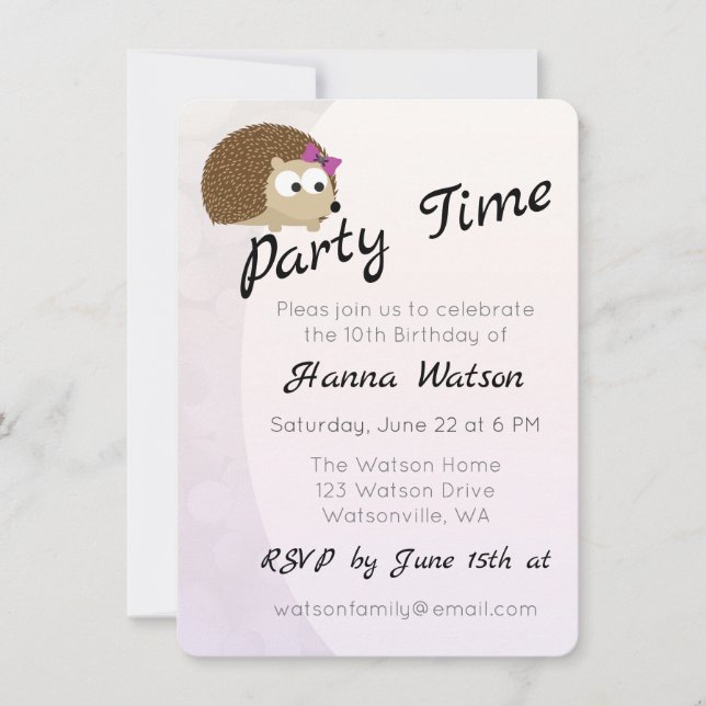 Pretty Girl Hedgehog Birthday Party Invitation (Front)