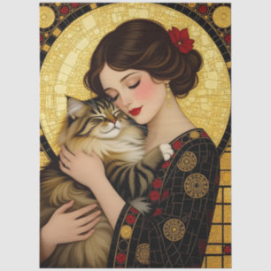 Pretty Girl Hugs Cat Art Nouveau Decoupage Tissue Paper
