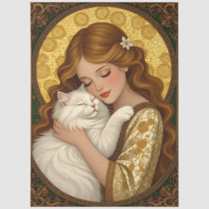 Pretty Girl Hugs Cat Art Nouveau Decoupage Tissue Paper
