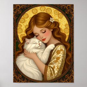 Pretty Girl Hugs White Fluffy Cat Art Nouveau Poster