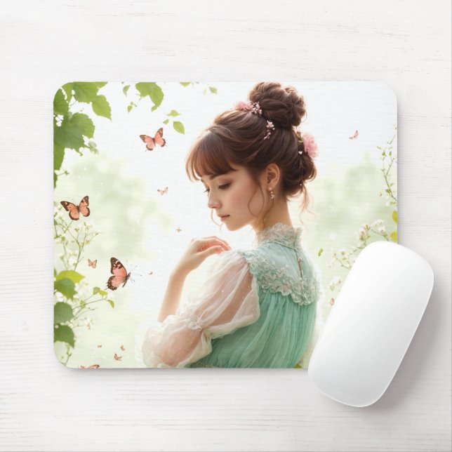 Pretty Girl In Summer Garden Mouse Mat (With Mouse)