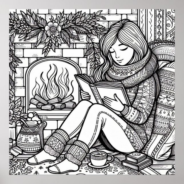 Pretty Girl Reading Fall Colouring Page Black Whit Poster (Front)