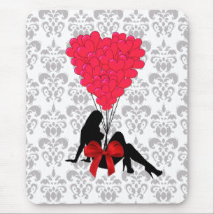Pretty girl Valentines heart on damask Mouse Mat