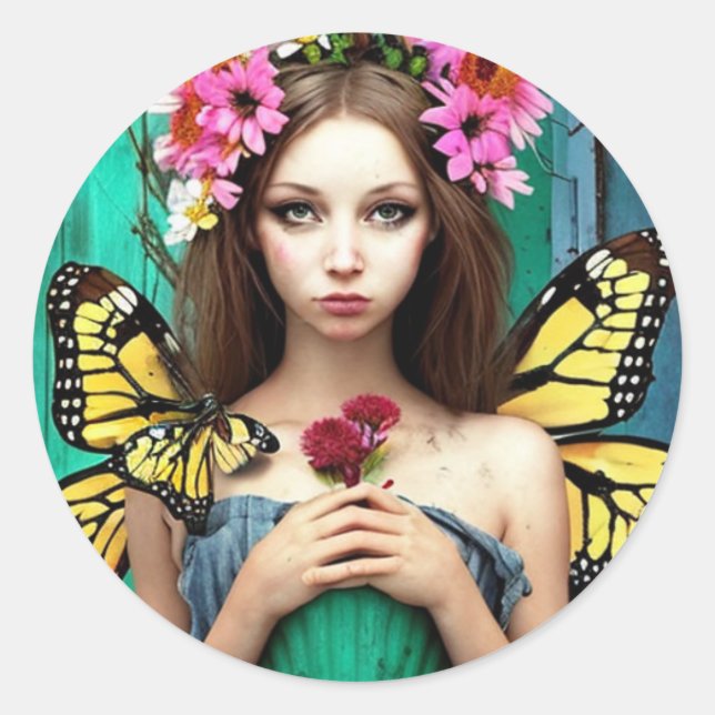 Pretty Girl with Butterflies and Flowers Classic Round Sticker (Front)