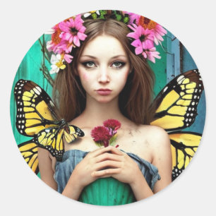 Pretty Girl with Butterflies and Flowers Classic Round Sticker