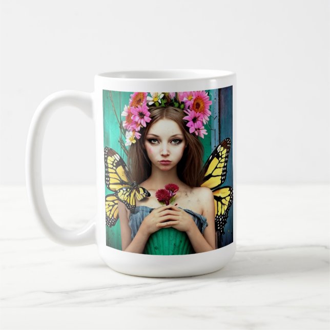 Pretty Girl with Butterflies and Flowers Coffee Mug (Left)