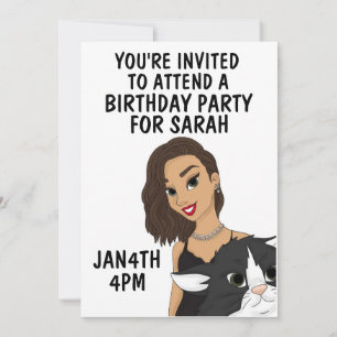PRETTY GIRL WITH CAT BIRTHDAY PARTY INVITATIONS 