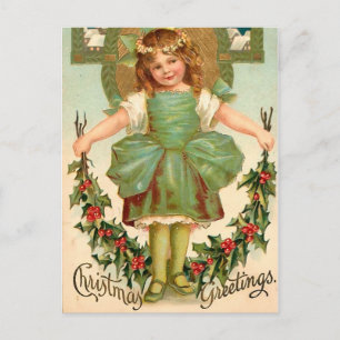Pretty Girl with Holly - Vintage Christmas Holiday Postcard