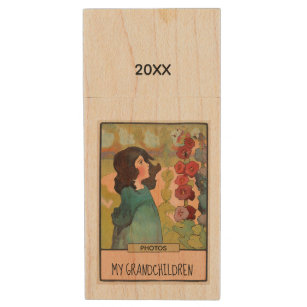 Pretty Girl with Hollyhocks and Bees Photos Wood USB Flash Drive