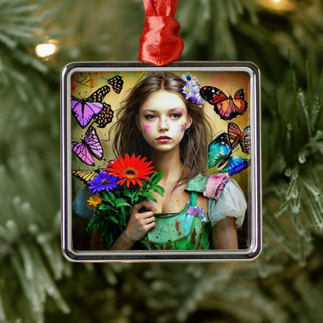 Pretty Girl with Red Flowers and Butterflies Metal Tree Decoration (Tree)