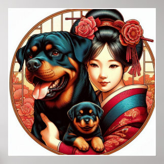 Pretty Girl With Rottweiler Mum & Pup Poster