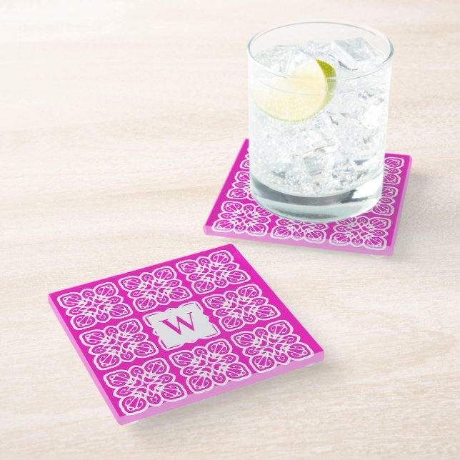 Pretty Girlie Hot Pink Lace Monogram Glass Coaster (Angled)