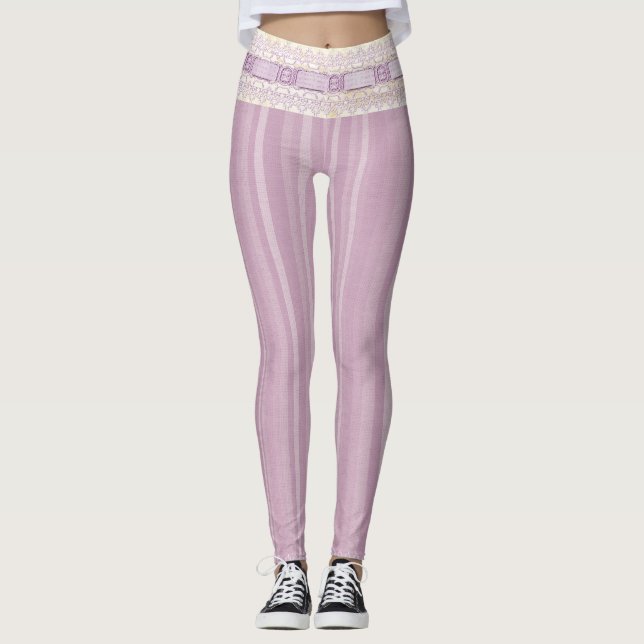 Pretty Girlie Lilac Design Lace Border Yoga Leggings (Front)