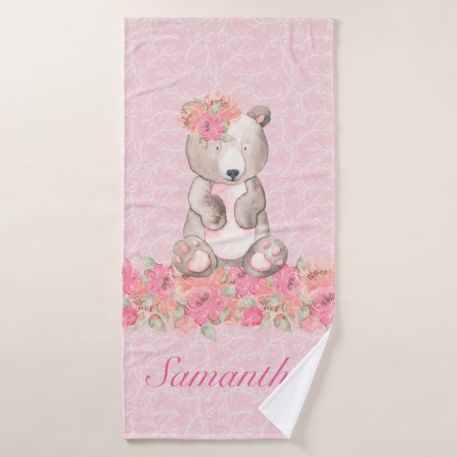 Pretty Girls Pink Floral Woodland Bear Bath Towel (Bath Towel)