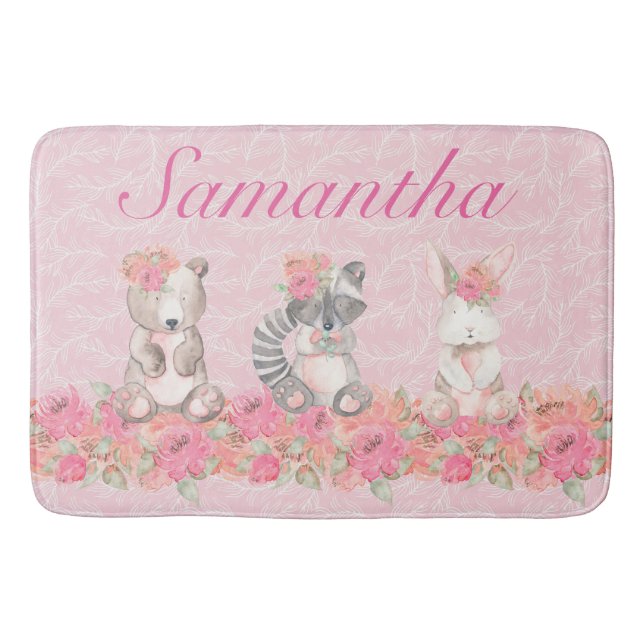 Pretty Girls Pink Floral Woodland Creatures Bath Mat (Front)