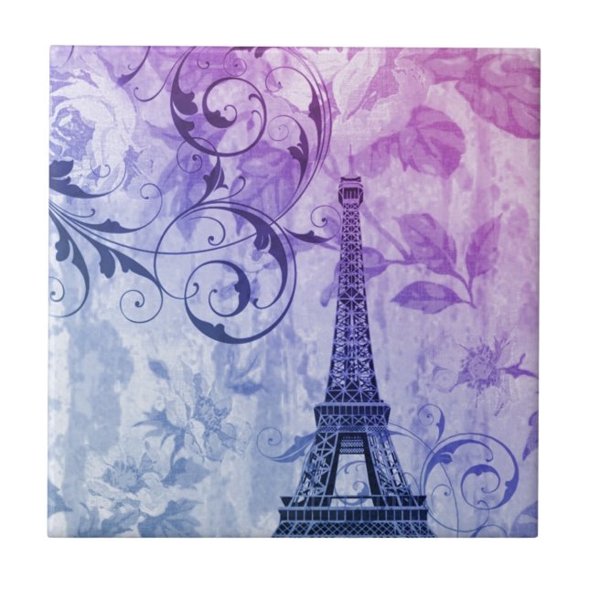 pretty girly chic purple french paris eiffel tower tile (Front)