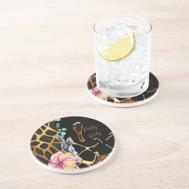 Pretty Girly Glitter Gold Animal Print Named Glam Coaster (Side)