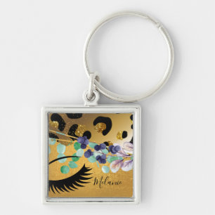 Pretty Girly Glitter Gold Animal Print Named Glam Key Ring