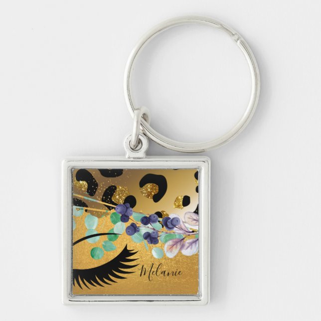 Pretty Girly Glitter Gold Animal Print Named Glam Key Ring (Front)