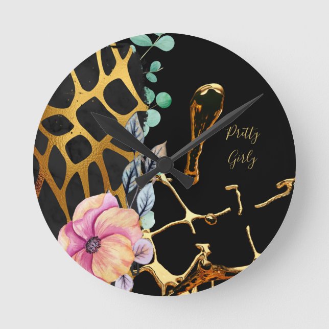 Pretty Girly Glitter Gold Animal Print Named Glam Round Clock (Front)