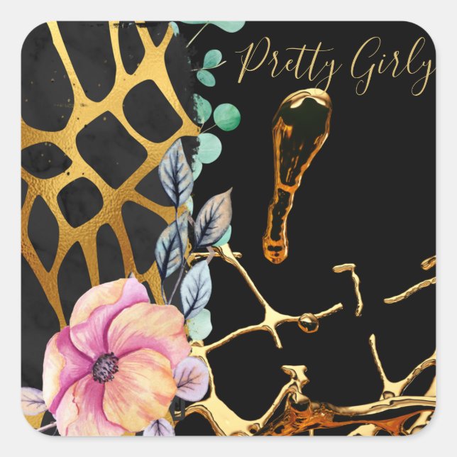 Pretty Girly Glitter Gold Animal Print Named Glam Square Sticker (Front)