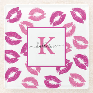 Pretty Girly Hot Pink Lips Kisses Monogram Name Glass Coaster