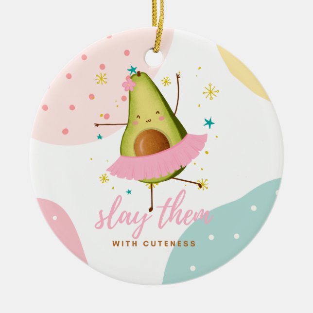 Pretty Girly Kawaii Avocado Ballerina Slay Them Ceramic Tree Decoration (Front)