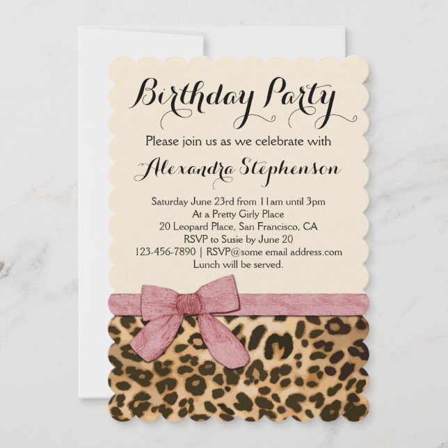 Pretty Girly Leopard Pink Bow Birthday Party Invitation (Front)