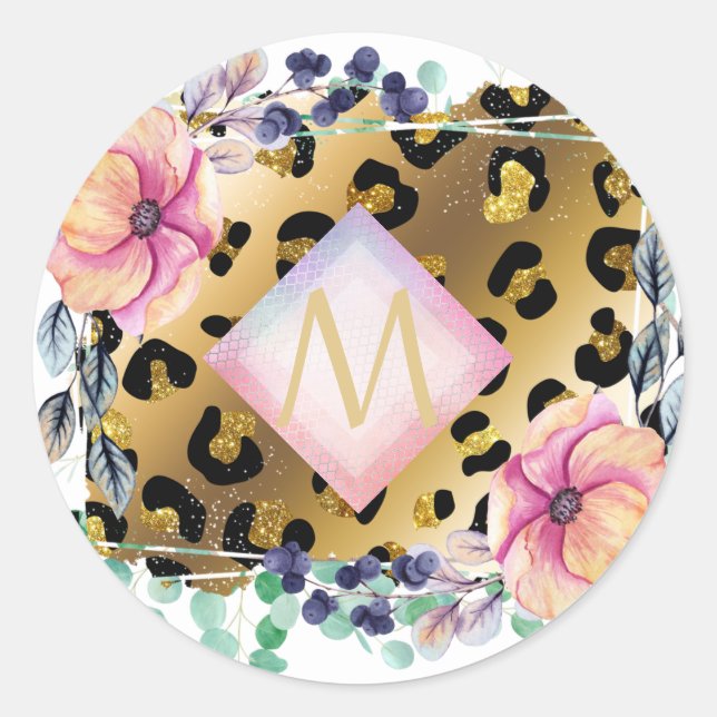 Pretty Girly Leopard Print Gold Pink Monogrammed Classic Round Sticker (Front)