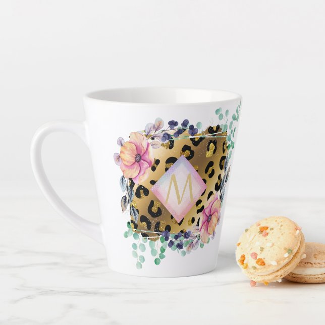 Pretty Girly Leopard Print Gold Pink Monogrammed Latte Mug (In Situ)