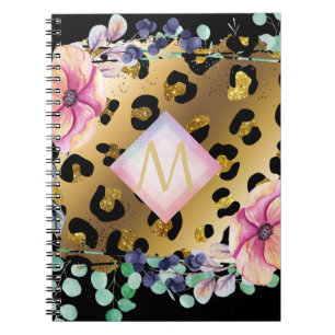 Pretty Girly Leopard Print Gold Pink Monogrammed Notebook