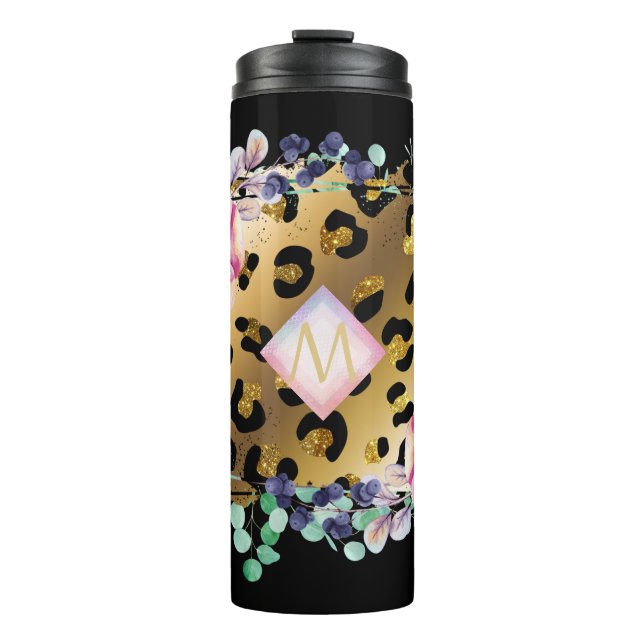Pretty Girly Leopard Print Gold Pink Monogrammed Thermal Tumbler (Front)