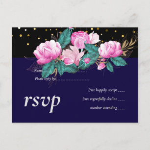 Pretty Girly Pink Black Gold Wedding Invitation Postcard