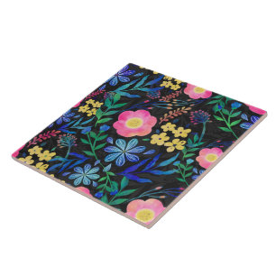 Pretty Girly Pink Blue Floral Gray design Tile